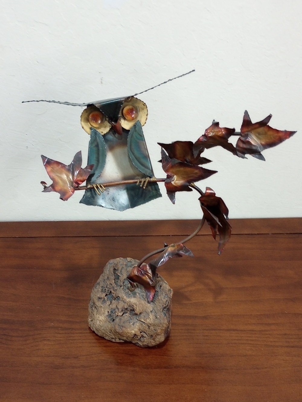 Metal Owl Sculpture On Wood Base - Vintage MCM!